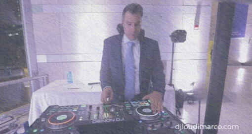 DJ Lou DiMarco performing at a corporate event at the National Constitution Center in Philadelphia. Mixing music live for a professional event with premium sound and lighting.